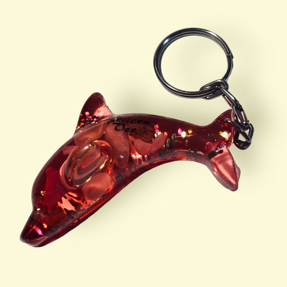 Red Acrylic Dolphin Keychain Glitter Accents Vacation Travel Destination
